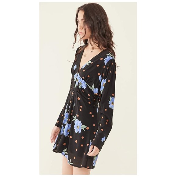 NEW Free People Date Night Mini Dress Long Sleeve Black Blue Floral Moonlight - Picture 6 of 9